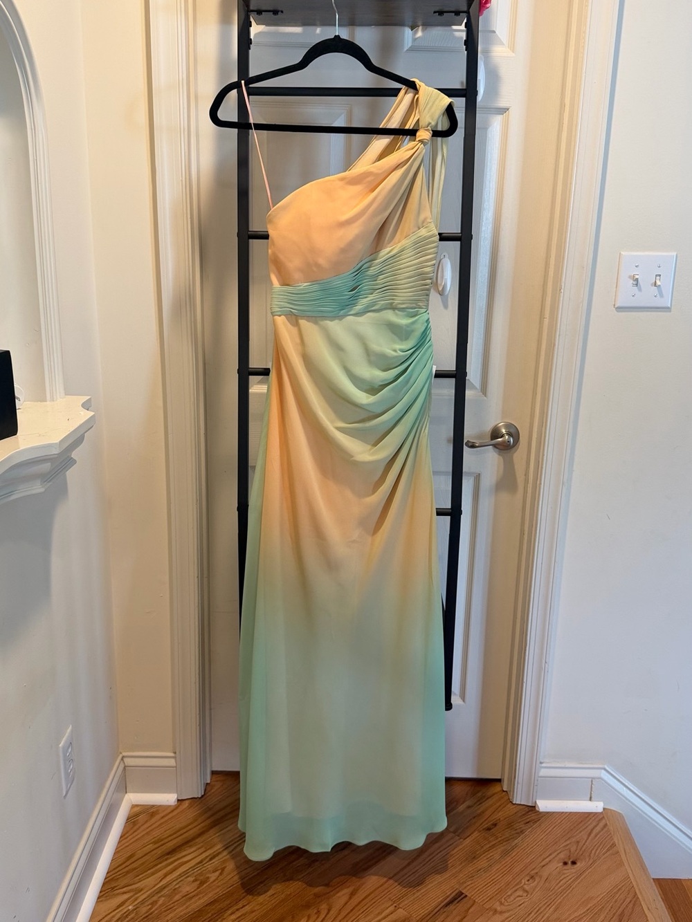 One-Shoulder Ombre Green & Peach Evening Dress